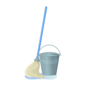 recommend clip art: Cartoon swab with bucket stock vector illustration. Mop wipes a puddle. Cleaning services, household concept. Equipment for housework elements isolated on white background.