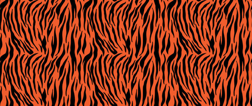 Tiger stripes seamless pattern, animal skin texture, abstract ornament for clothing, fashion safari wallpaper, textile, natural hand drawn ink illustration, black and orange camouflage, tropical cat
