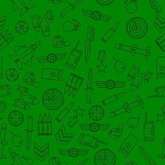Army and military seamless pattern theme line icons set on white background. War vector illustration