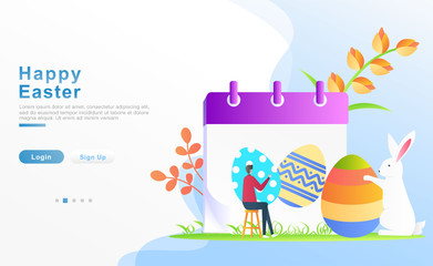 Vector illustration happy easter. man sitting in the garden next to a calendar illustrated with easter ornamental egg, a rabbit carrying a paint egg, set of flower. or header, web. Fllat cartoon style