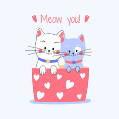 Cute lovely little white male and blue female cat couple popping out from red gift box with white heart signs and smiling, celebrating Valentine's Day
