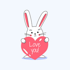 White little cute lovely rabbit holding red heart with love you typography and smiling, celebrating Valentine's Day