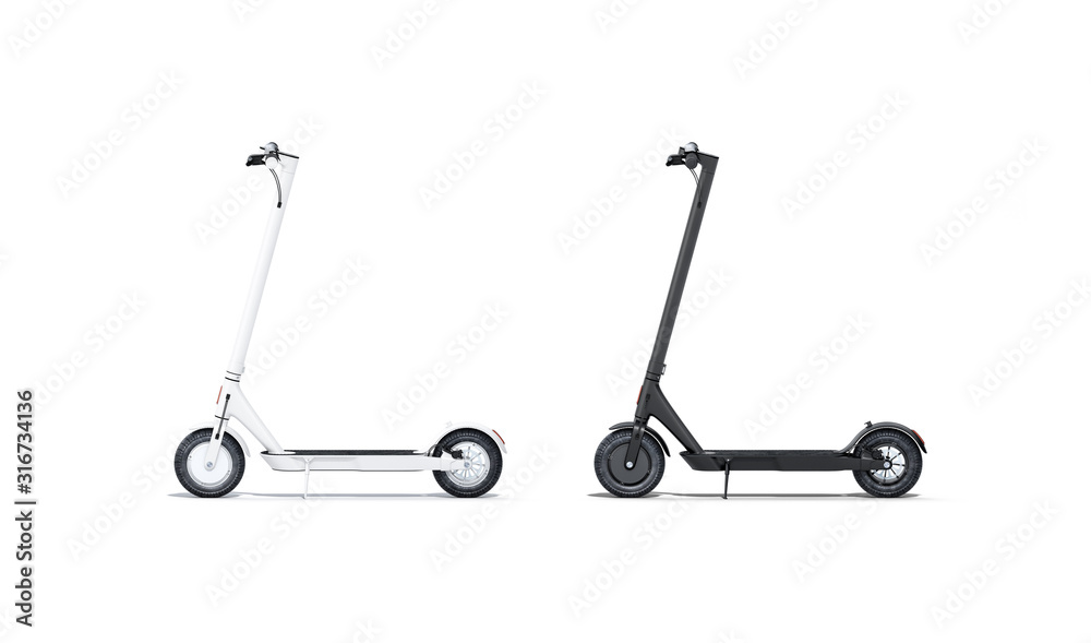 Wall mural blank black and white electric scooter mockup set, isolated