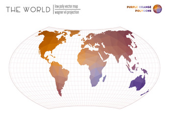 Low poly design of the world. Wagner VII projection of the world. Purple Orange colored polygons. Amazing vector illustration.