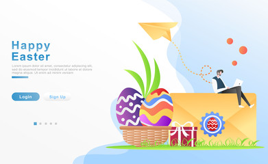 Vector illustration happy easter. a man sends an email and message to his friend about Easter day, the concept of ornamental eggs on a basket, gifts, paper plane. for header, web. Flat cartoon style