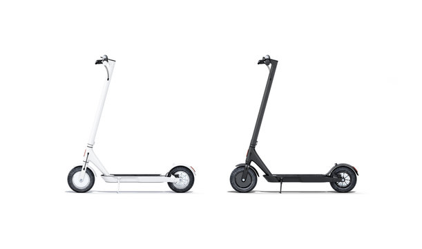 Blank black and white electric scooter mockup set, isolated