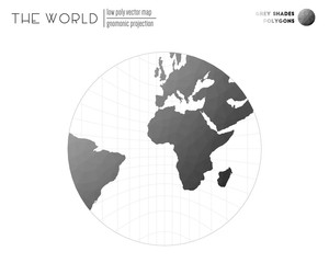 Abstract geometric world map. Gnomonic projection of the world. Grey Shades colored polygons. Amazing vector illustration.