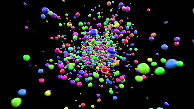 Camera diving into colored bubbles floating in the air on black background. CG Animation.
