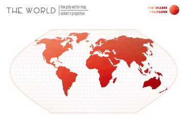 World map with vibrant triangles. Eckert V projection of the world. Red Shades colored polygons. Creative vector illustration.
