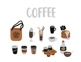 Coffee shop hand drawn collection . Cartoon constructor set. Small business, various coffee pots and cups, dessert sweets, pancakes. Vector