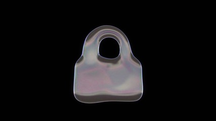3D rendering of distorted transparent soap bubble in shape of symbol of lock isolated on black background