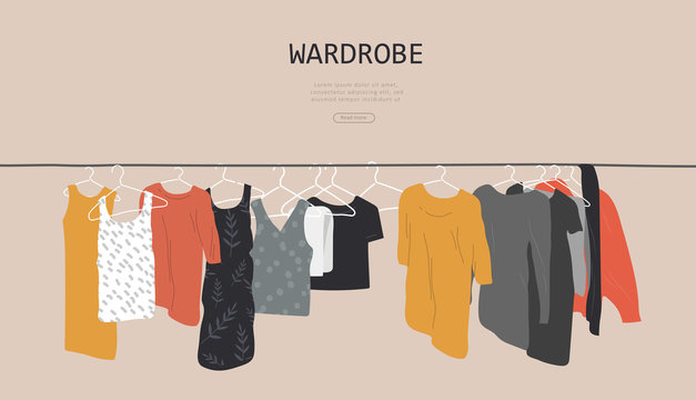 Web Landing Page Template With Wardrobe Stuff. Closet Wardrobe Furniture Inside. Various Trendy Clother. Hand Drawn Isolated Elements. Cartoon Vector