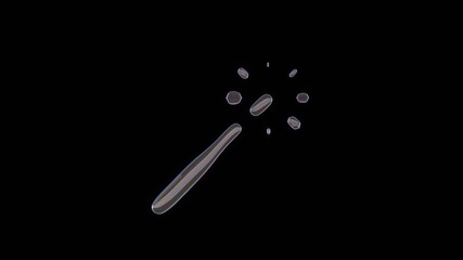 3D rendering of distorted transparent soap bubble in shape of symbol of magic wand isolated on black background