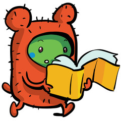 little green creature in a barbed costume reads a book