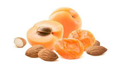 Fresh and dry apricots plus almond nuts isolated on white background