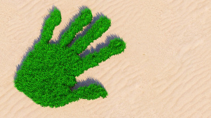 Concept or conceptual green grass handprint on sand background. A metaphor for ecology, environment, recycle, nature conservation, spring summer or protection against global warming 3d illustration