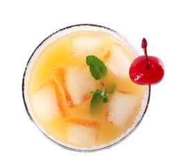 Fresh alcoholic Tequila Sunrise cocktail isolated on white, top view