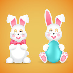 Two funny Easter bunnies with a bow and egg.