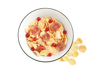 Fototapeta na wymiar Corn flakes with berries on white background, top view. Healthy breakfast