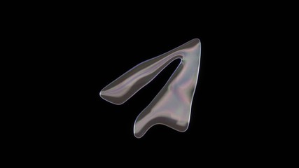 3D rendering of distorted transparent soap bubble in shape of symbol of paper plane isolated on black background