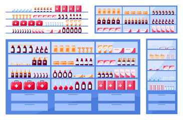 Modern pharmacy shelves with medicaments and drugs.