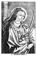Antique vintage religious allegorical engraving or drawing of Christian holy woman saint Dorothy or Dorothea of Caesarea.Illustration from Book Die Betrubte Und noch Ihrem Beliebten..., Austrian