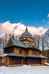 St. Nicholas Orthodox Church in Chmiel. Carpathian Mountains and Bieszczady Architecture in Winter