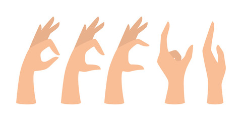 Set of hands showing different gestures. Palm pointing at something