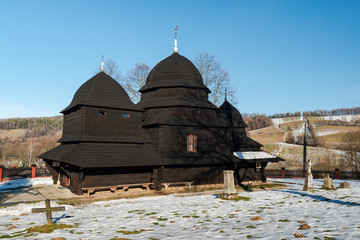 Wooden Orthodox Church in Rownia. Carpathian Mountains and Bieszczady Architecture in Winter
