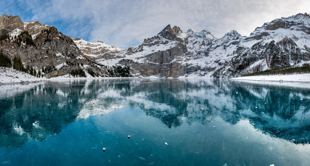 panorama of frozen lake Oeschinensee near Kandersteg on a beatiful winter day