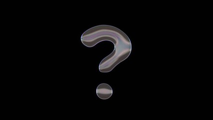 3D rendering of distorted transparent soap bubble in shape of symbol of question isolated on black background