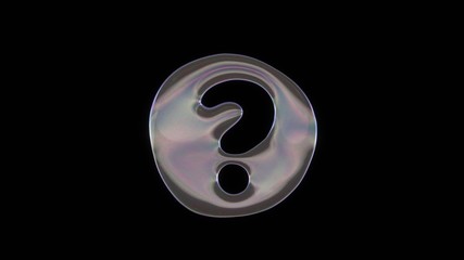 3D rendering of distorted transparent soap bubble in shape of symbol of question circle isolated on black background