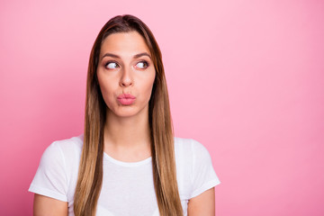 Fototapeta premium Photo of lovely interested girl on date with her boyfriend want know all look copyspace send air kiss wear modern stylish outfit isolated over pastel color background