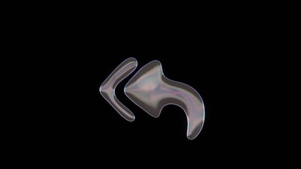 3D rendering of distorted transparent soap bubble in shape of symbol of reply all isolated on black background