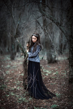 A girl in the image of the dark Queen, a Gothic Princess. In a crown and a long dark outfit in a dark forest. Mystical image