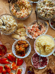 table with plates with delicious dinner background meal