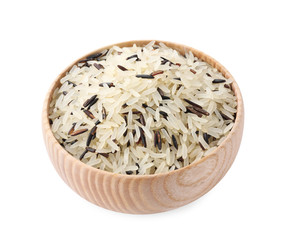 Mix of brown and polished rice in wooden bowl isolated on white