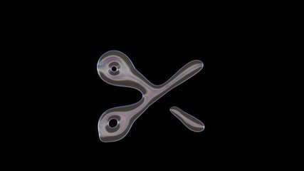 3D rendering of distorted transparent soap bubble in shape of symbol of scissors isolated on black background