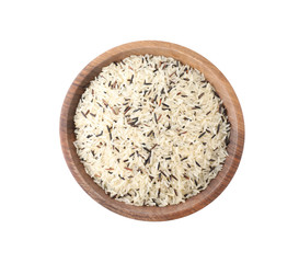 Mix of brown and polished rice in wooden bowl isolated on white, top view
