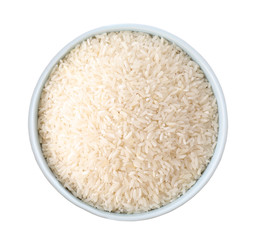 Uncooked rice in bowl isolated on white, top view