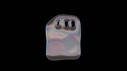 3D rendering of distorted transparent soap bubble in shape of symbol of sd card isolated on black background