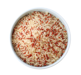 Mix of brown and polished rice in bowl isolated on white, top view