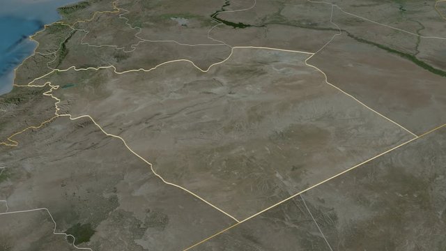 Hims, province with its capital, zoomed and extruded on the satellite map of Syria in the conformal Stereographic projection. Animation 3D