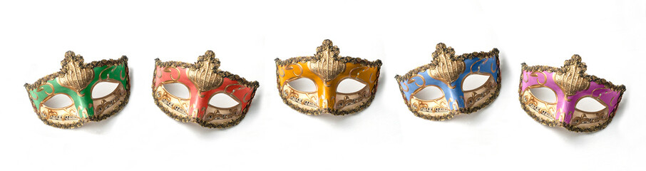 Five theater or mardi gras venetian masks on white background © cristianstorto