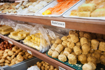 Variety of Indian sweet food displayed at store