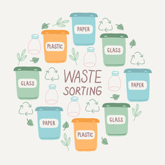 Zero waste card with garbage containers, paper, plastic, glass, bottles