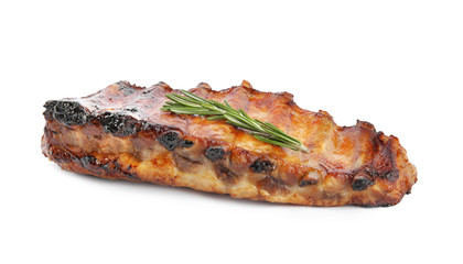 Tasty grilled ribs with rosemary isolated on white