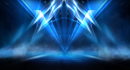 Obraz premium Dark background with lines and spotlights, neon light, night view. Abstract blue background.