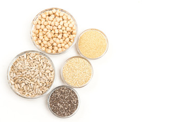 Food sources of vegan protein and calcium. Legume grain groats  seed. Healthy food nutrition concept.