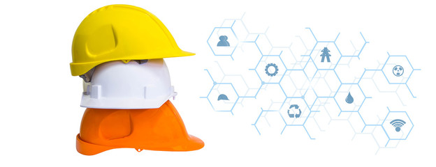  White, Yellow, Orange safety hat on white background and icon industry network connection. blue tone